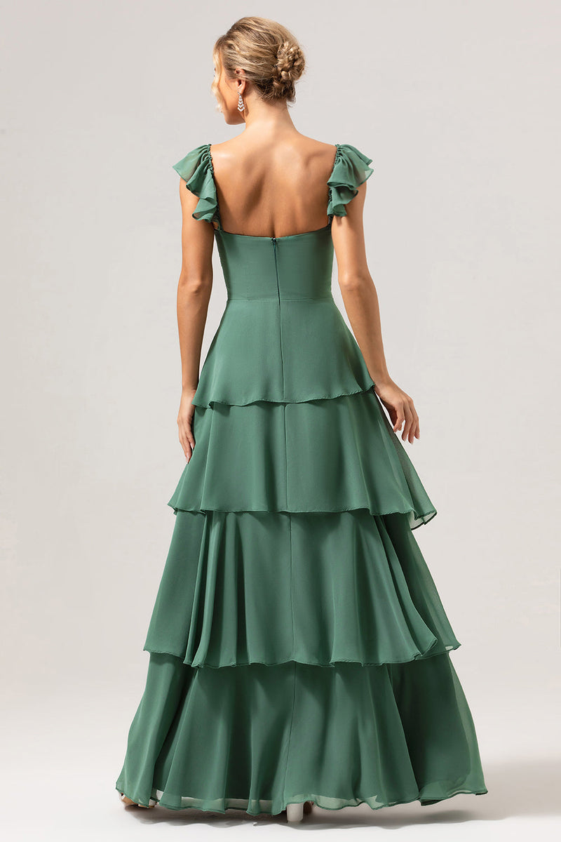 Load image into Gallery viewer, Eucalyptus A-Line Off The Shoulder Ruffled Chiffon Long Bridesmaid Dress