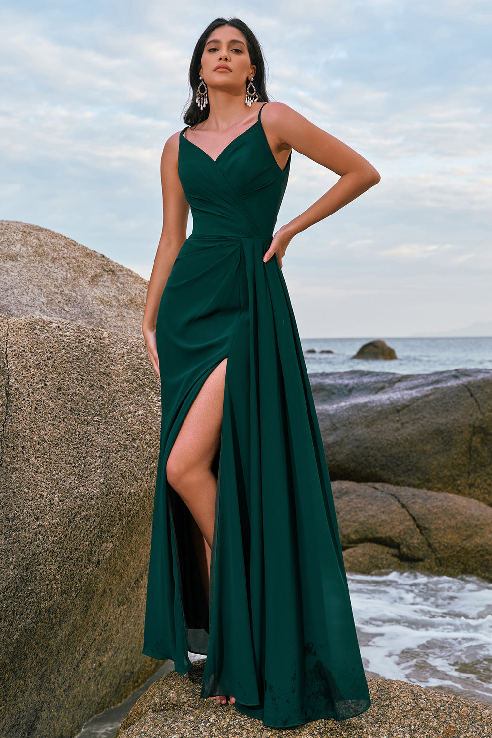 Dark Green A Line Spaghetti Straps Ruched Long Bridesmaid Dress with Slit