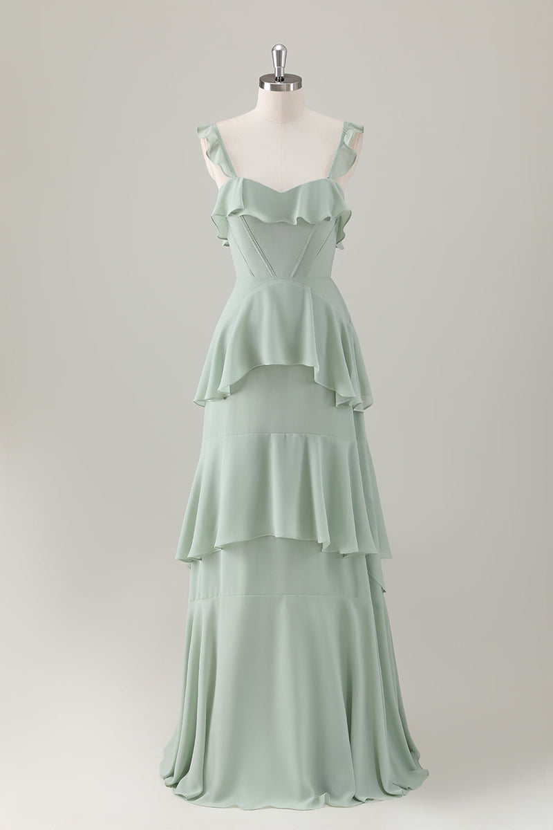 Load image into Gallery viewer, Light Green A-Line Ruffled Tiered Chiffon Corset Long Bridesmaid Dress