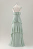 Load image into Gallery viewer, Light Green A-Line Ruffled Tiered Chiffon Corset Long Bridesmaid Dress