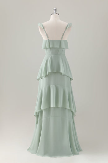 Light Green A-Line Ruffled Tiered Chiffon Corset Long Bridesmaid Dress