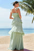 Load image into Gallery viewer, Light Green A-Line Tiered Chiffon Corset Long Bridesmaid Dress