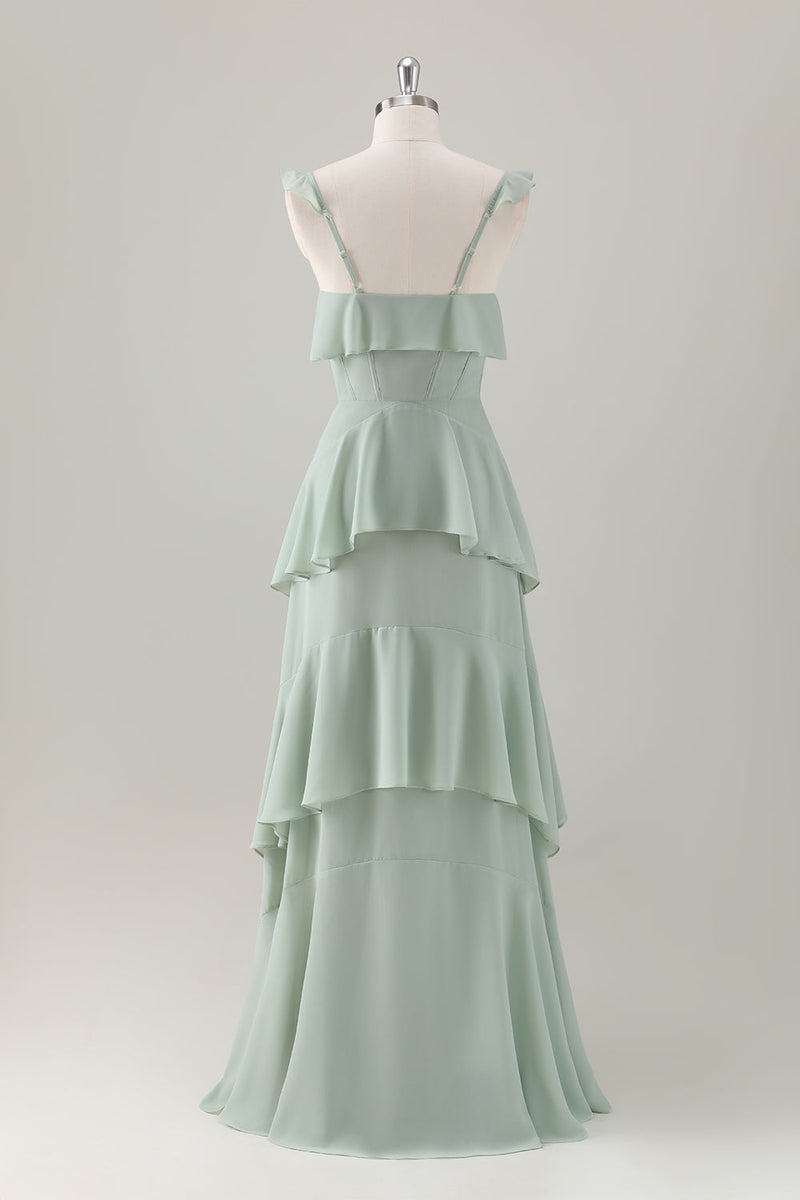 Load image into Gallery viewer, Light Green A-Line Ruffled Tiered Chiffon Corset Long Bridesmaid Dress