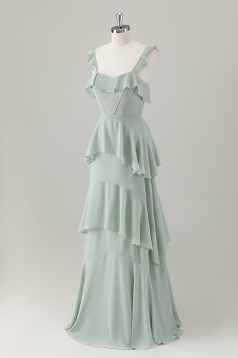 Light Green A-Line Ruffled Tiered Chiffon Corset Long Bridesmaid Dress