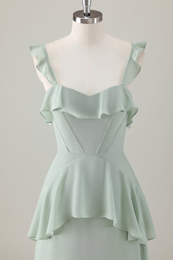 Light Green A-Line Ruffled Tiered Chiffon Corset Long Bridesmaid Dress