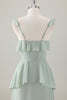 Load image into Gallery viewer, Light Green A-Line Ruffled Tiered Chiffon Corset Long Bridesmaid Dress