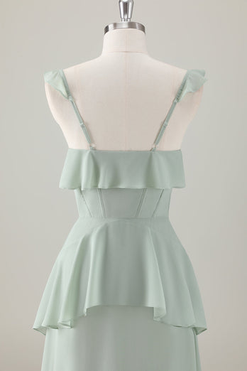 Light Green A-Line Ruffled Tiered Chiffon Corset Long Bridesmaid Dress