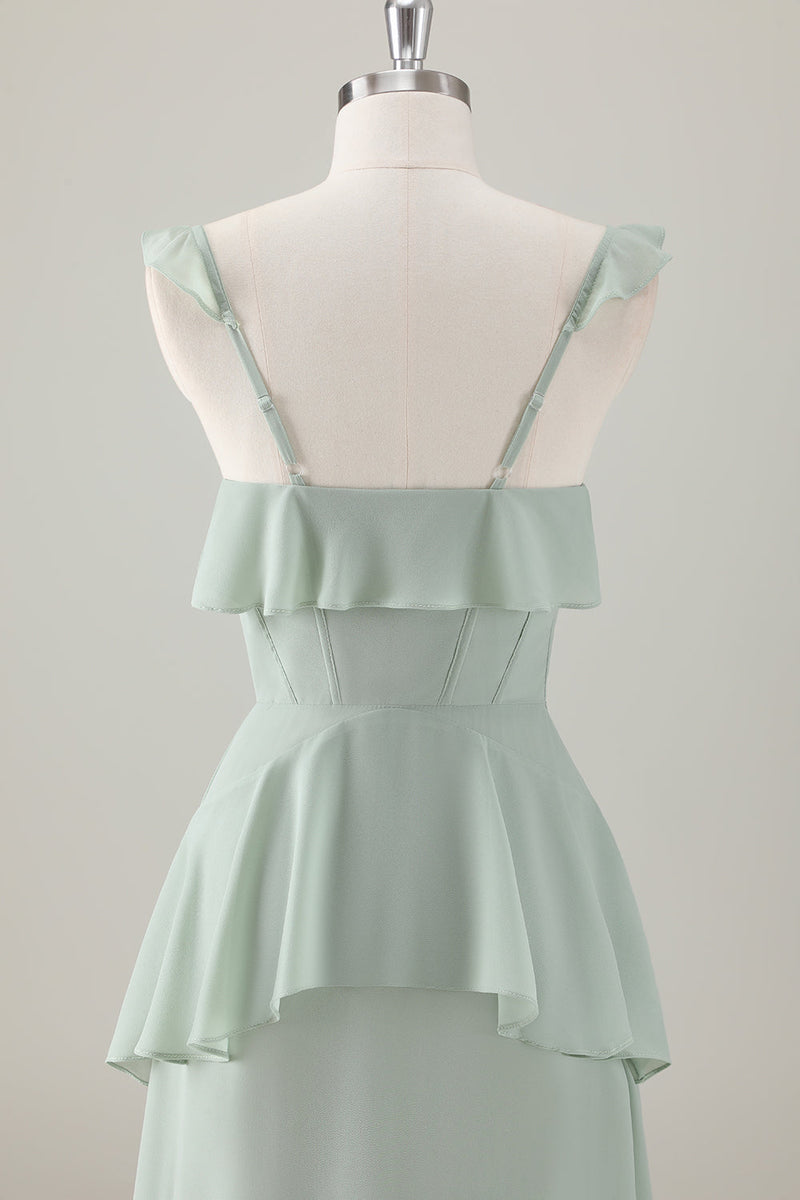 Load image into Gallery viewer, Light Green A-Line Ruffled Tiered Chiffon Corset Long Bridesmaid Dress