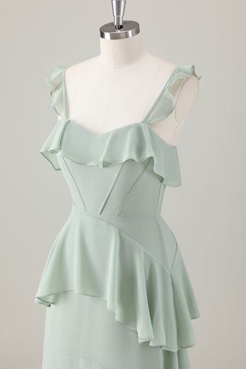 Light Green A-Line Ruffled Tiered Chiffon Corset Long Bridesmaid Dress