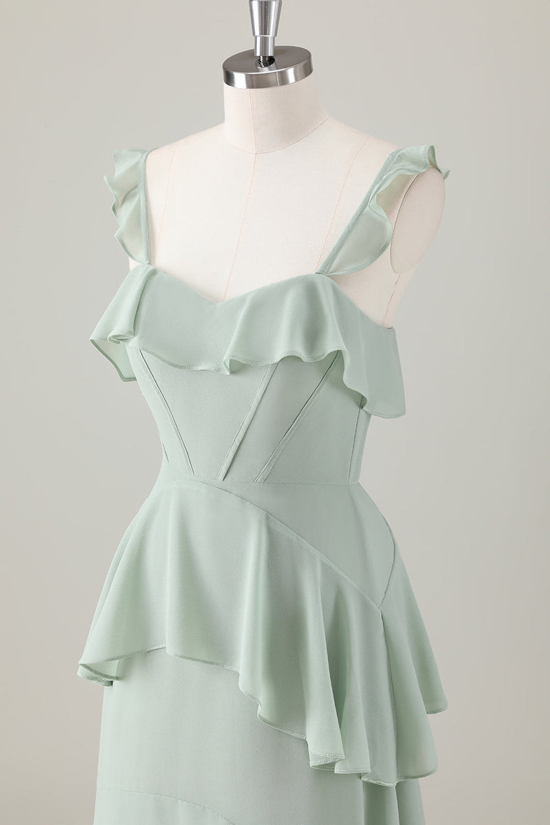 Load image into Gallery viewer, Light Green A-Line Ruffled Tiered Chiffon Corset Long Bridesmaid Dress