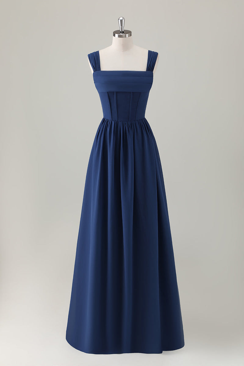 Load image into Gallery viewer, Dark Blue A-Line Square Neck Corset Long Satin Bridesmaid Dress