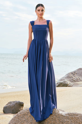 Dark Blue A-Line Square Neck Corset Long Satin Bridesmaid Dress