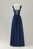 Load image into Gallery viewer, Dark Blue A-Line Square Neck Corset Long Satin Bridesmaid Dress