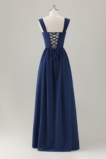 Dark Blue A-Line Square Neck Corset Long Satin Bridesmaid Dress