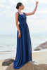 Load image into Gallery viewer, A-Line Square Neck Corset Dark Blue Long Bridesmaid Dress with Lace Up Back