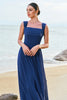 Load image into Gallery viewer, A-Line Square Neck Corset Dark Blue Long Bridesmaid Dress with Lace Up Back