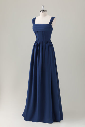 Dark Blue A-Line Square Neck Corset Long Satin Bridesmaid Dress