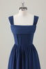 Load image into Gallery viewer, Dark Blue A-Line Square Neck Corset Long Satin Bridesmaid Dress