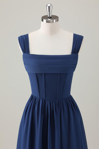 Dark Blue A-Line Square Neck Corset Long Satin Bridesmaid Dress