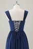 Load image into Gallery viewer, Dark Blue A-Line Square Neck Corset Long Satin Bridesmaid Dress