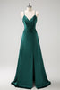 Load image into Gallery viewer, Dark Green A-Line Spaghetti Straps Ruched Satin Long Bridesmaid Dress