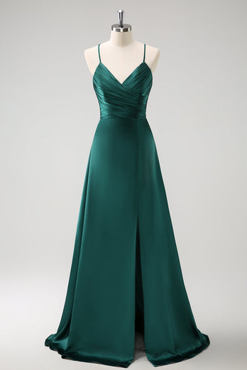 Dark Green A-Line Spaghetti Straps Ruched Satin Long Bridesmaid Dress