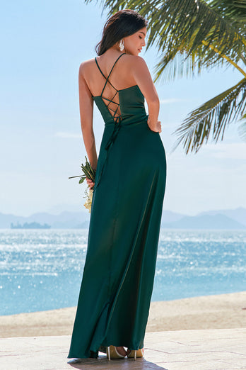 Dark Green A-Line Spaghetti Straps Ruched Satin Long Bridesmaid Dress