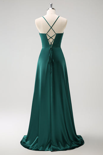 Dark Green A-Line Spaghetti Straps Ruched Satin Long Bridesmaid Dress