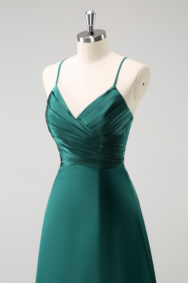 Load image into Gallery viewer, Dark Green A-Line Ruched Lace-Up Back Satin Long Bridesmaid Dress