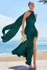 Load image into Gallery viewer, Dark Green Mermaid Halter Long Satin Bridesmaid Dress with Streamer