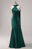 Load image into Gallery viewer, Dark Green Mermaid Halter Long Satin Bridesmaid Dress with Streamer