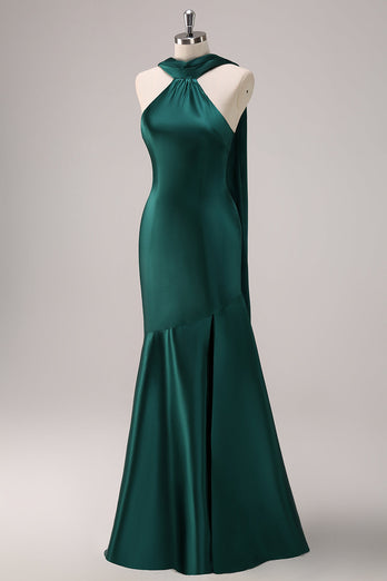 Dark Green Mermaid Halter Long Satin Bridesmaid Dress with Streamer