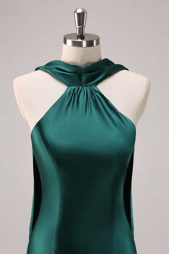 Dark Green Mermaid Halter Long Satin Bridesmaid Dress with Streamer