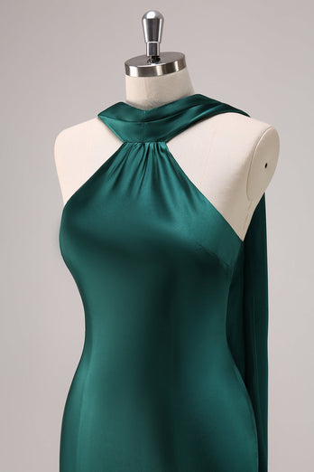 Dark Green Mermaid Halter Long Satin Bridesmaid Dress with Streamer