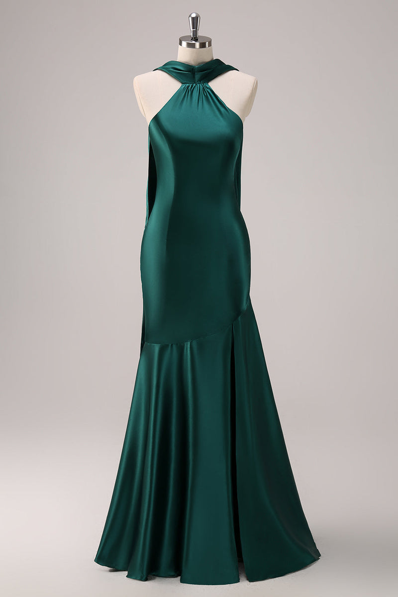 Load image into Gallery viewer, Dark Green Mermaid Halter Long Satin Bridesmaid Dress with Streamer