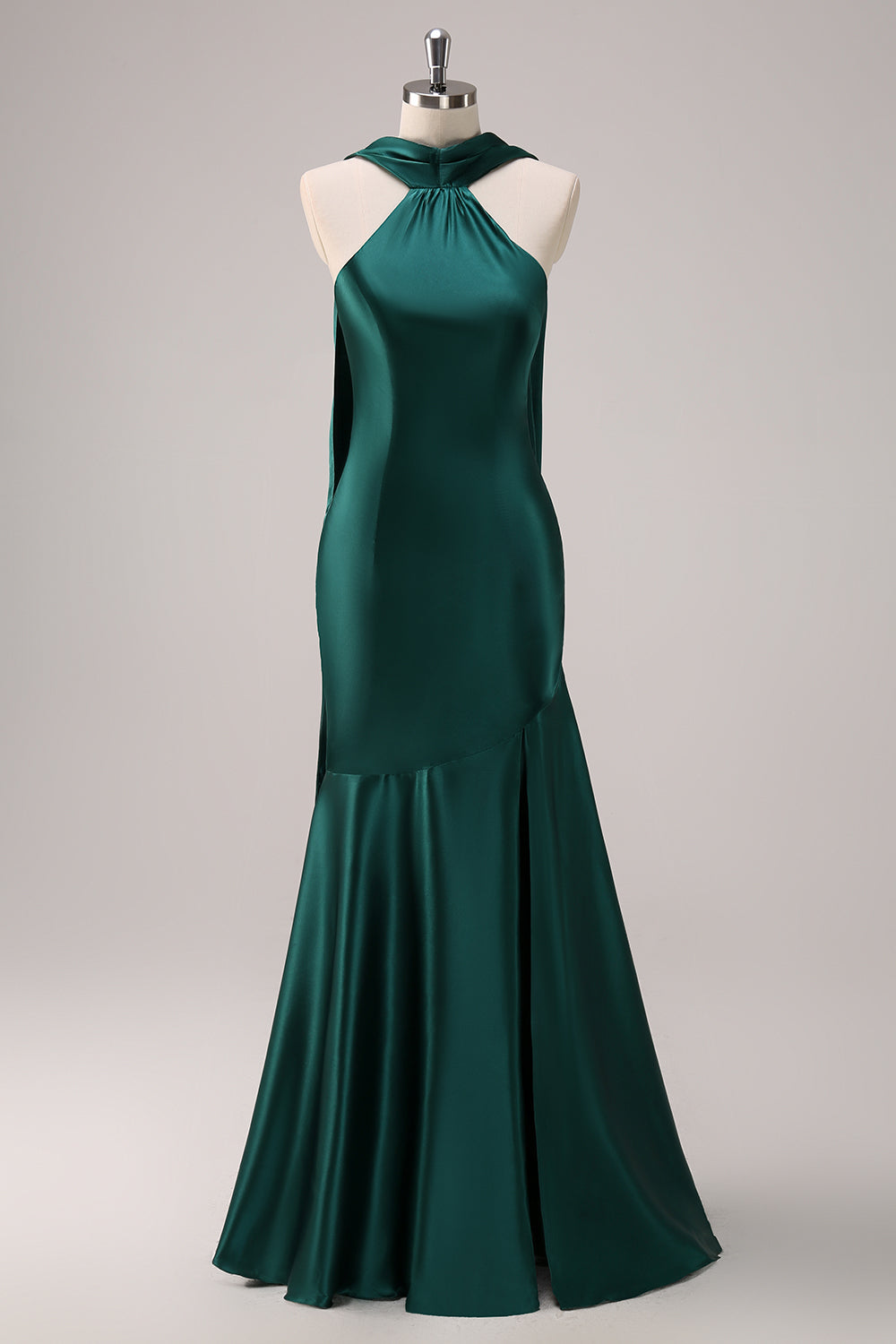 Dark Green Mermaid Halter Long Satin Bridesmaid Dress with Streamer