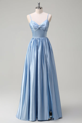 Sky Blue A-Line Pleated Long Bridesmaid Dress with Lace Up Back