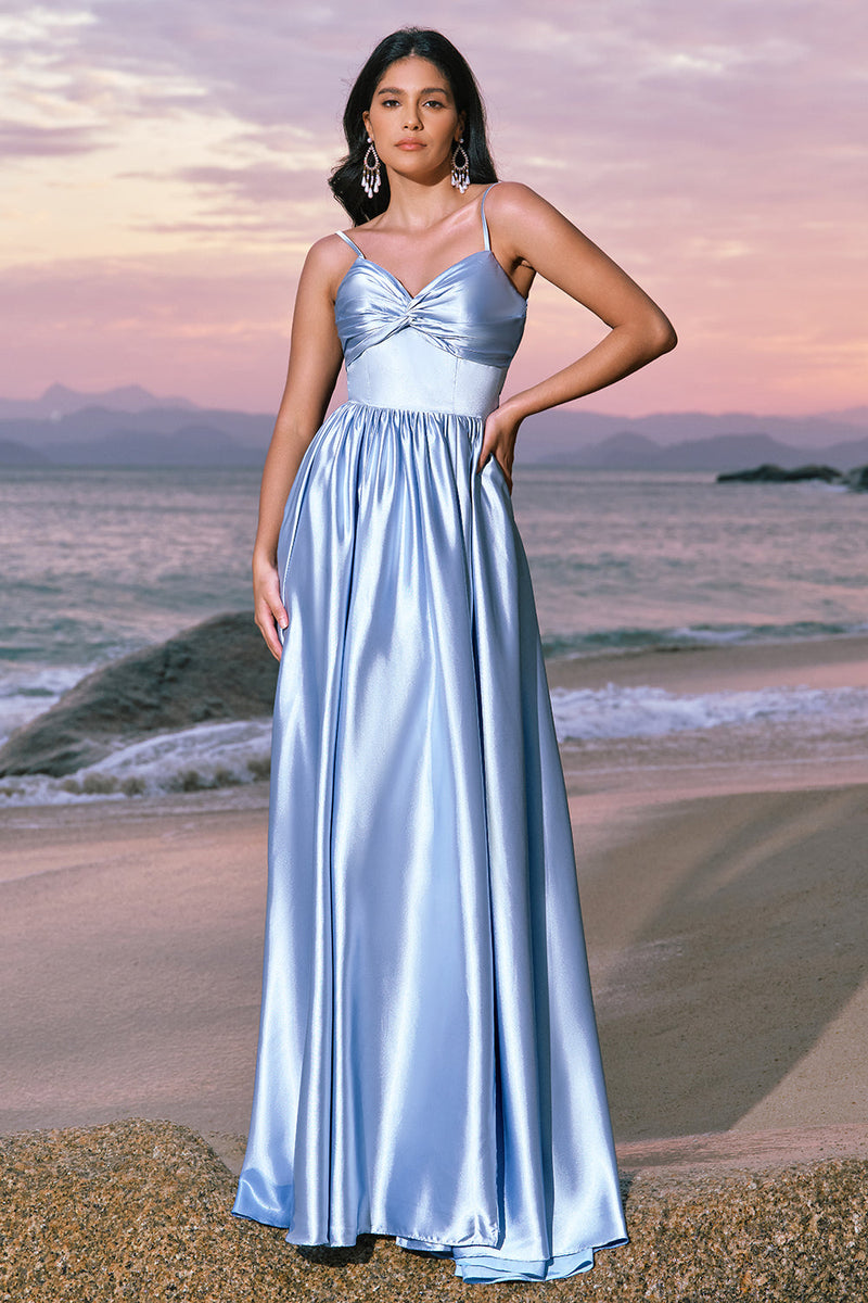 Load image into Gallery viewer, Sky Blue A-Line Spaghetti Straps Ruched Split Long Bridesmaid Dress