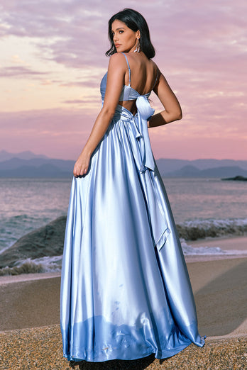 Sky Blue A-Line Spaghetti Straps Ruched Split Long Bridesmaid Dress