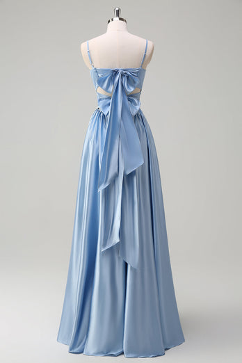 Sky Blue A-Line Pleated Long Bridesmaid Dress with Lace Up Back