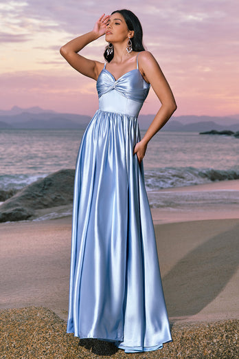 Sky Blue A-Line Spaghetti Straps Ruched Split Long Bridesmaid Dress