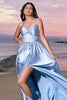 Load image into Gallery viewer, Sky Blue A-Line Spaghetti Straps Ruched Split Long Bridesmaid Dress