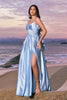 Load image into Gallery viewer, Sky Blue A-Line Spaghetti Straps Ruched Split Long Bridesmaid Dress