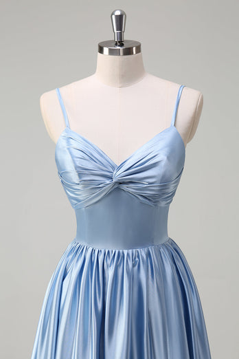 Sky Blue A-Line Pleated Long Bridesmaid Dress with Lace Up Back