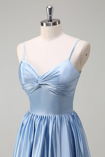 Sky Blue A-Line Pleated Long Bridesmaid Dress with Lace Up Back