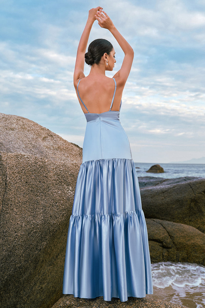 Load image into Gallery viewer, Sky Blue A-Line Spaghetti Straps Backless Satin Long Bridesmaid Dress