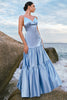 Load image into Gallery viewer, Sky Blue A-Line Spaghetti Straps Backless Satin Long Bridesmaid Dress