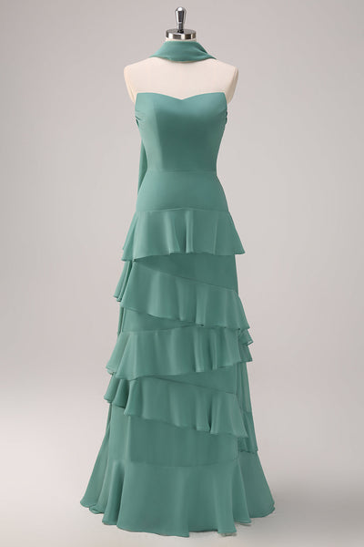 Eucalyptus Strapless Ruffled Long Bridesmaid Dress with Ribbon