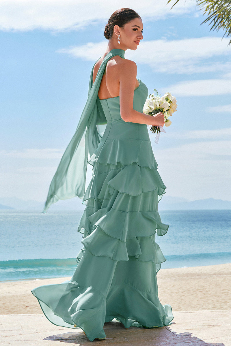 Load image into Gallery viewer, Eucalyptus A Line Strapless Ruffled Long Bridesmaid Dress with Ribbon