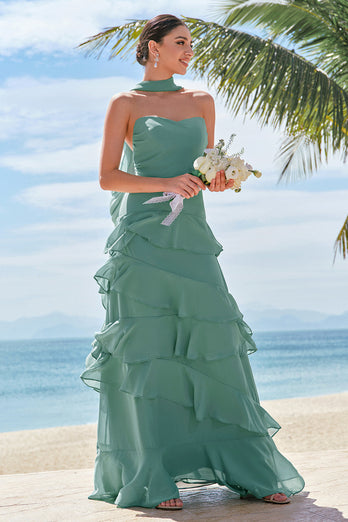 Eucalyptus Strapless Ruffled Long Bridesmaid Dress with Ribbon